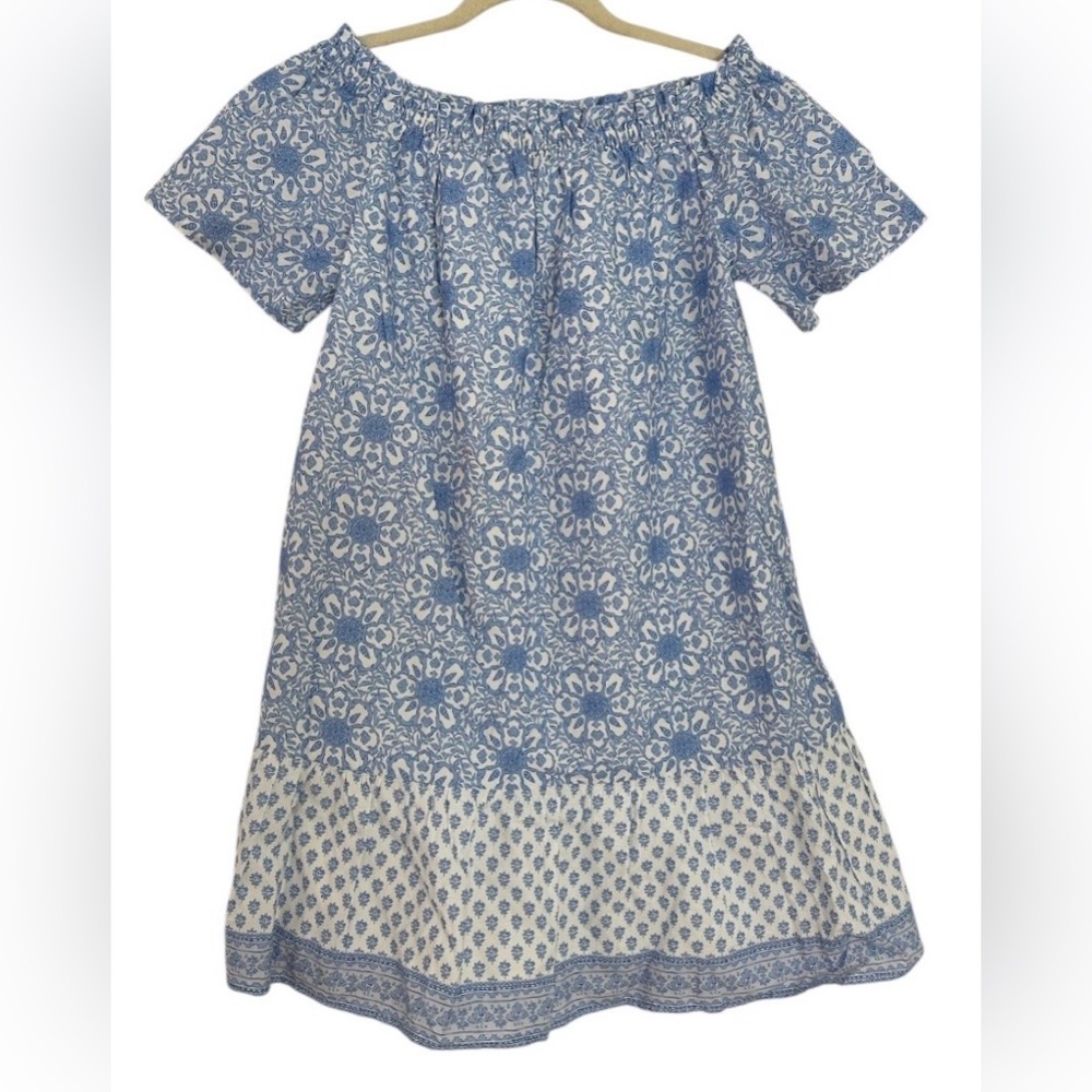 Vineyard Vines Tile Medallion Off Shoulder Dress Medium Hydrangea Blue White